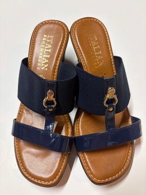 Italian Shoemakers Navy Wedge Slide Sandals Elastic Strap Size 8